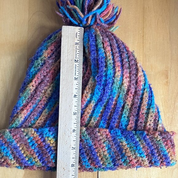 Artisan Handmade Ribbed Pom Pom Hat – Vibrant Self-Striping Yarn OS - Picture 3 of 7